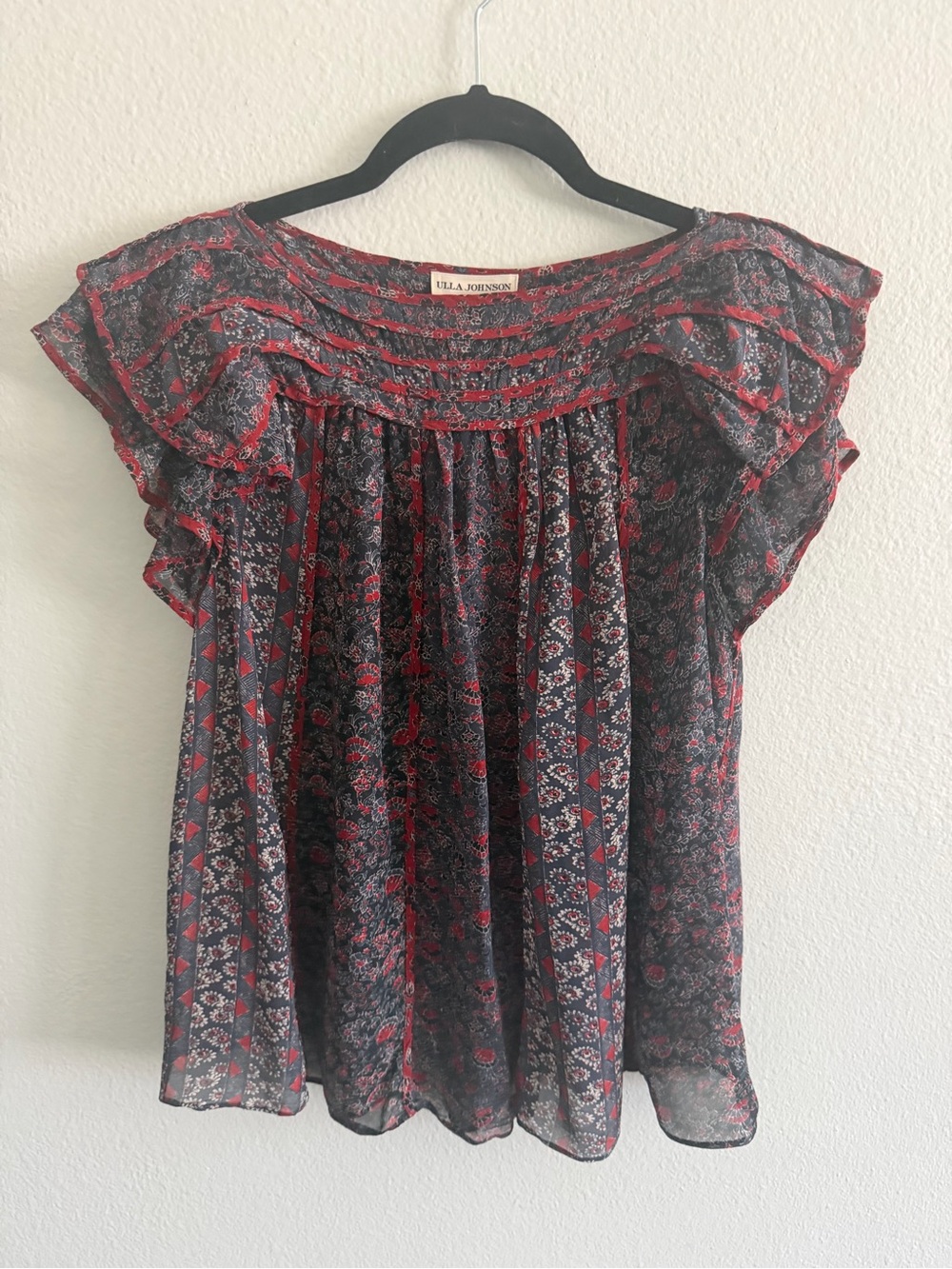Ulla Johnson 100% Silk Sheer Deep Navy & Red Floral Ruffled Yoke Blouse Size 4